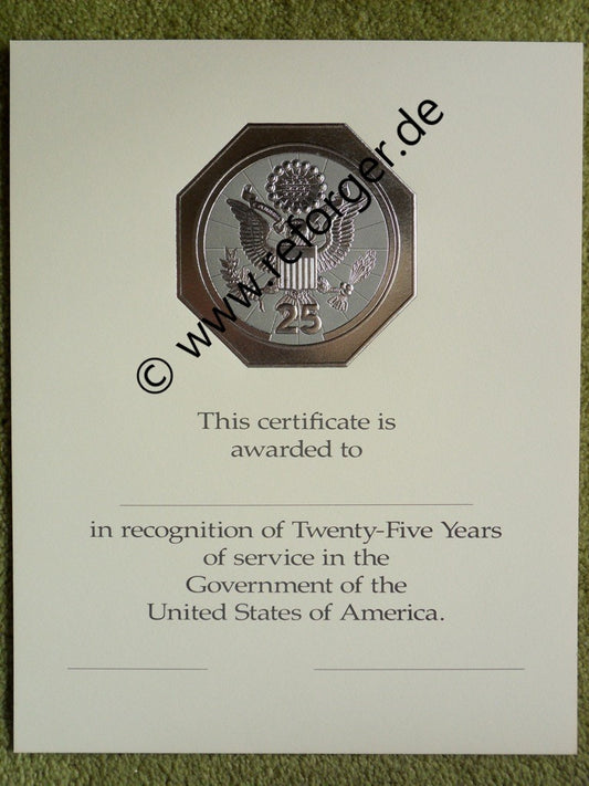 U.S. Government Career Award Twenty-Five Years Of Service