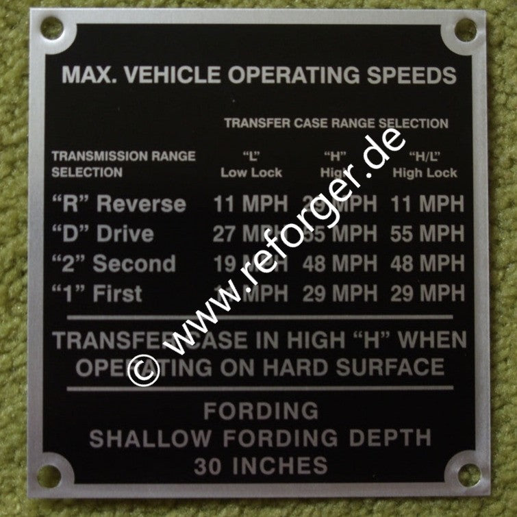 M998 Vehicle Maximum Speed Data Plate