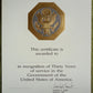 U.S. Government Career Award Thirty Years Of Service