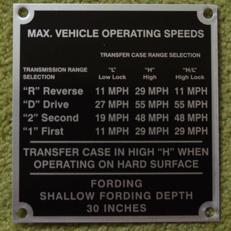 M998 Vehicle Maximum Speed Data Plate