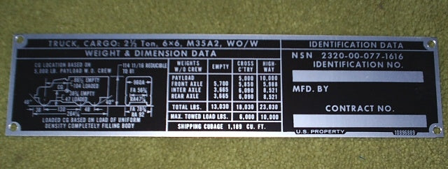 Reo M35A2 Data Plate Weight and Dimension