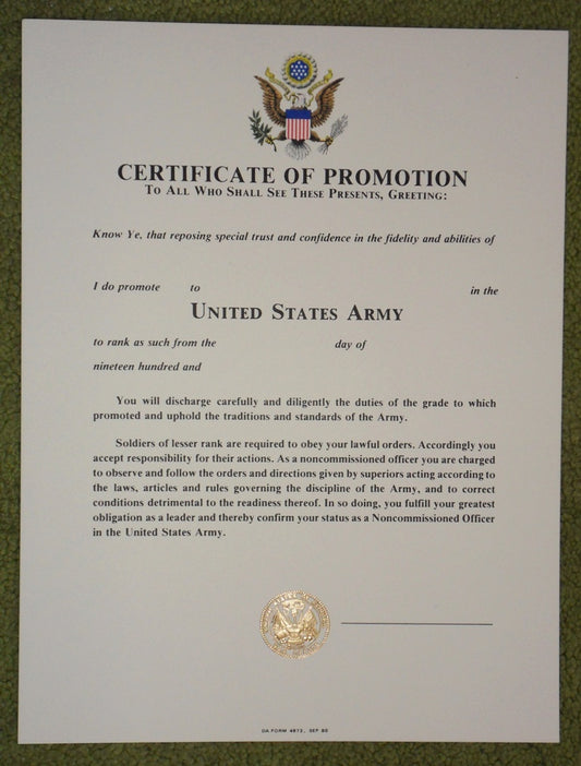Army NCO Officer Promotion Urkunde