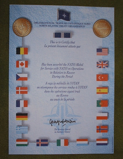 Urkunde KFOR Nato Medal Kosovo
