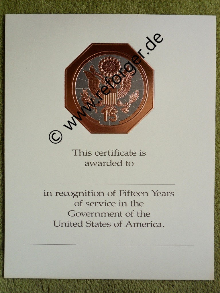 Fifteen Years of Service US Government Urkunde