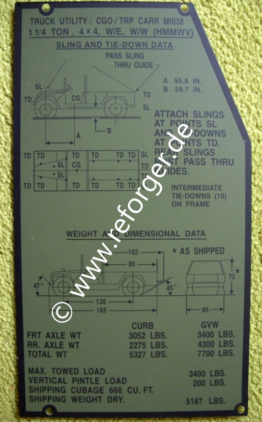 M1038 HMMWV Weight And Dimensional Data Plate