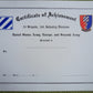 Certificate of Achievement US Army 3rd Infantry Division