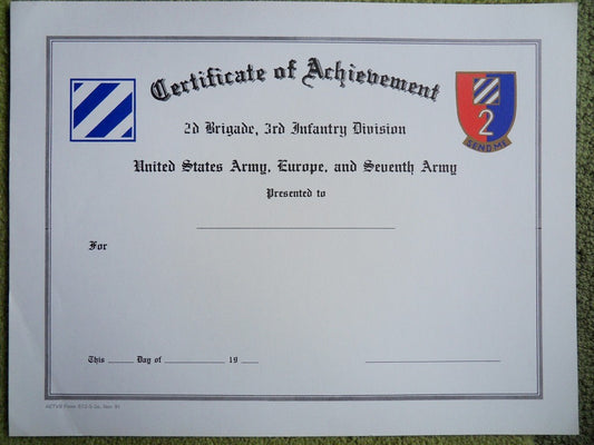 Certificate of Achievement US Army 3rd Infantry Division