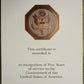 US Militär Urkunde Certificate Five Years of Service
