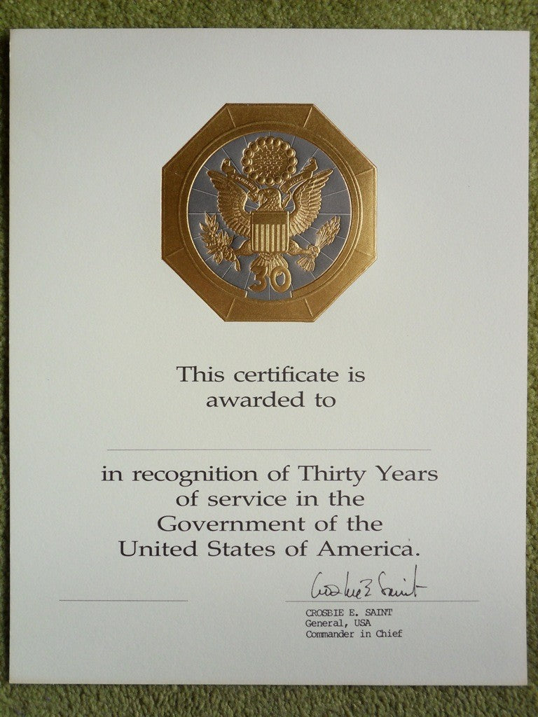 Certificate, Thirty Years of Service