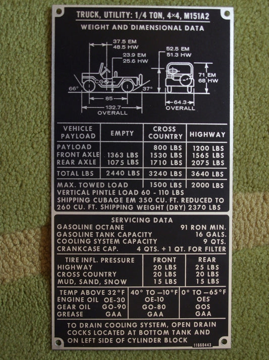 M151 Vehicle Dimensional Data Plate
