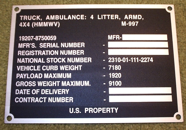 Vehicle Identification Plate, HMMWV M997
