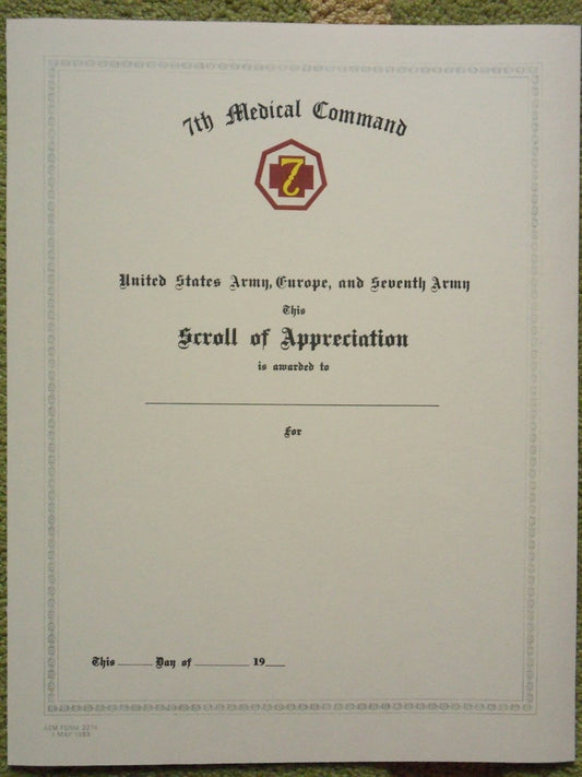US Army 7th Medical Command Certificate of Appreciation